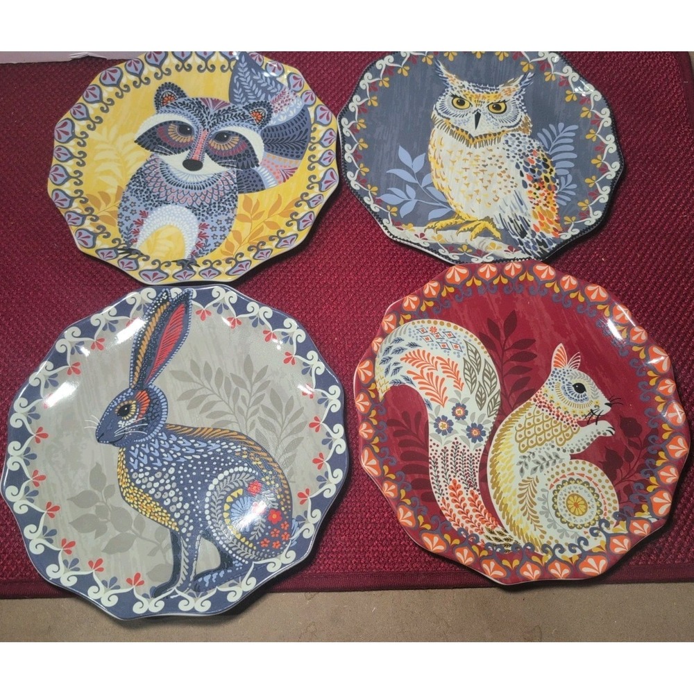 Pier 1  Harvest Critter Tribe Porcelain Salad Plates Set of 4 Woodland Dessert